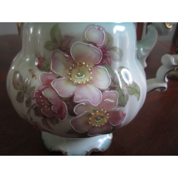 BEAUTIFUL FLORAL  HAND PAINTED IMPERIAL GERMANY TEAL PITCHER 6 1/2" HIGH SIGNED - Picture 3 of 8
